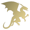 Dragon silhouette in a golden color standing on its hind legs with wings spread.