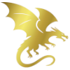 A golden dragon silhouette flying with wings spread wide.