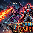 A purple dragon breathes fire at a futuristic armored warrior standing on a cliffside above a city.