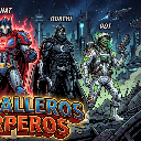 Three armored warriors stand in a row against a dark, futuristic city background.