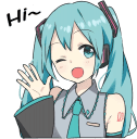 Anime girl with teal hair winking and waving with a Hi speech bubble.