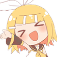 A blonde anime girl with a happy expression waving her hand.
