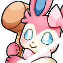 Sylveon holding a wooden mallet and smiling innocently.