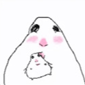 A large white creature with pink cheeks holds a tiny matching creature against its chest.