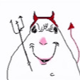 A simple line-art creature with red horns and a red tail holding a trident, wearing a wide, mischievous grin.