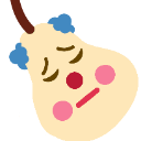 A pear with a clown nose and pink cheeks looking sad with closed eyes.