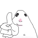 A simple, hand-drawn white creature with a pink nose giving a thumbs up gesture.
