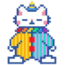 A white cat wearing a colorful clown costume in pixel art style.