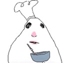 A white blob-like creature wearing a chef hat holds a spoon in a bowl with a blank expression.
