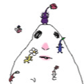 A white creature with a blank expression is covered in several small, colorful plant-like figures.