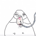 A round creature with a tired expression wearing an oxygen mask.