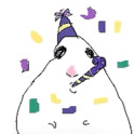A simple line-art drawing of a white hamster wearing a purple party hat and blowing a party horn surrounded by colorful conf…