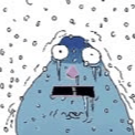 A blue round creature shivering and sweating with snow falling around it.