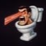 A man with an angry expression emerging from a white toilet with red laser beams shooting from his eyes.