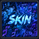 Anime character in a dark blue scene with glowing text that reads skin.