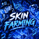 Anime characters stand behind bold blue text that reads SKIN FARMING on a dark, textured blue background.