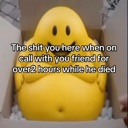 A yellow blob with a simple smiley face sits inside a cardboard box with text overlaid on top.