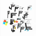 A collection of various letter F shapes, including a stick figure and a Windows logo, arranged in a chaotic collage.