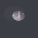 A purple-outlined character in a T-pose moves across a series of moon-like spheres against a dark gray background.