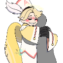 A blonde angel with large golden wings and a blushing face embraces a gray silhouette.