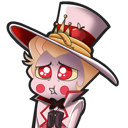 Lucifer Morningstar with a dramatic pout and wide, glossy red eyes.