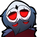 An upside-down owl creature with glowing red eyes stares intensely.