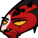 Red demon character with yellow eyes looking skeptical and unimpressed.
