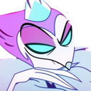 A stylized character with sharp features and glowing blue eyes giving a smug, knowing smirk.