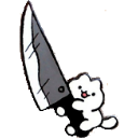 A small white cartoon cat holding a large kitchen knife with a neutral expression.