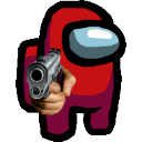 A red Among Us crewmate character holding a realistic human hand pointing a handgun forward.
