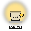 Evidence box labeled A-04 sitting in a yellow spotlight against a black background.