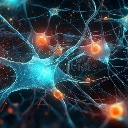 Neurons and synapses glowing in blue and orange against a dark background.