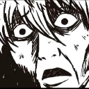 Anime character face with wide, terrified eyes and an open mouth in a state of shock.