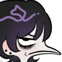 A stylized character with a long beak and dark hair giving a skeptical side-eye.