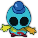 A small, round, multicolored creature with a blue hat and large, empty black eyes standing against a black background.