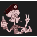 Squidward wearing a beret and holding a bottle while making a peace sign with a relaxed expression.