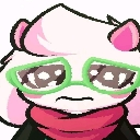 A cute character with pink fur and large, watery eyes wearing green glasses and a red scarf looking sad.