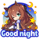 An anime girl with brown hair winks while surrounded by yellow stars against a blue night sky with the text Good night below.