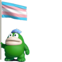 A small green creature holding a transgender pride flag.