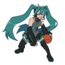 Anime girl with long teal hair holding a basketball and looking confident.