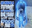 A dog wrapped in a blue and white flag stands in a glowing blue aura next to bold text.