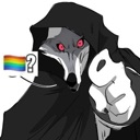 A hooded wolf-like character with red eyes points forward with a rainbow flag and a question mark floating beside it.