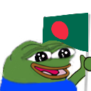 A green frog character smiling and waving a green flag with a red circle.