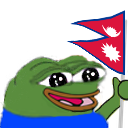 Pepe the Frog smiling while waving a triangular red and blue flag.