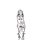 A distorted, vertically elongated human face with a confused expression drawn in simple black lines.