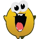 Yellow character with large wide eyes and a wide open laughing mouth.