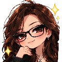 Anime girl with brown hair and glasses wearing a confident smirk with gold sparkles around her.