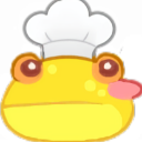 A yellow frog wearing a white chef hat with a small pink tongue sticking out.