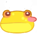 A stylized yellow frog with large eyes sticking its pink tongue out to the side.
