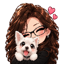 A girl with long brown hair and glasses smiling while hugging a small white puppy with pink hearts floating above her head.